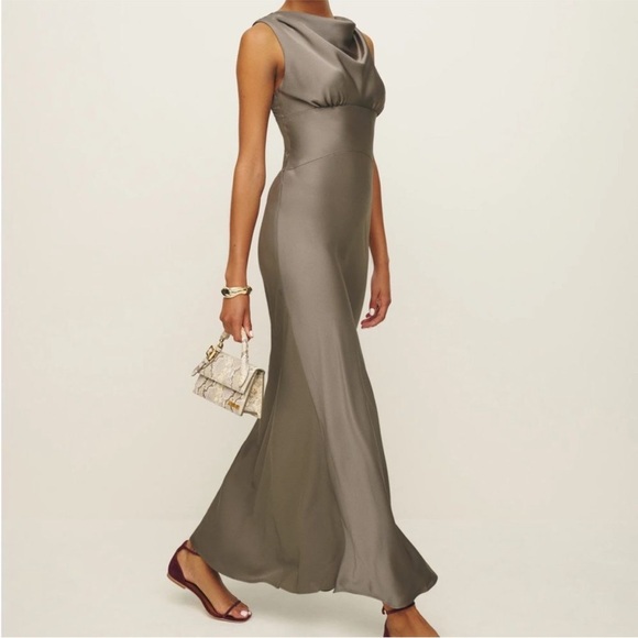 NWT Reformation Dessa Satin Maxi Slip Cowl Bias Neck Dress in Taupe size 10 - Picture 2 of 13